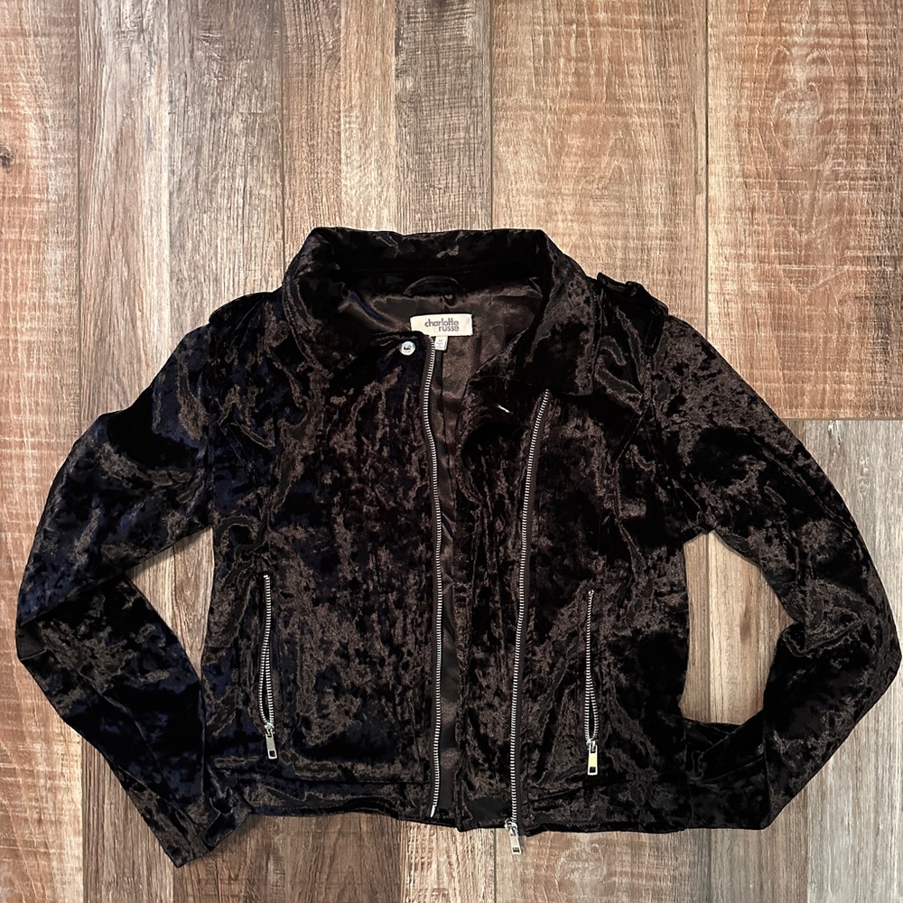 Charlotte Russe Women's MEDIUM Black Velvet Asymmetrical Zip Motorcycle Jacket